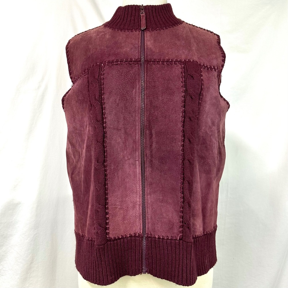 VINTAGE 90s Y2K Burgundy Suede Leather Patchwork Cable Knit Vest Women's‎ XL